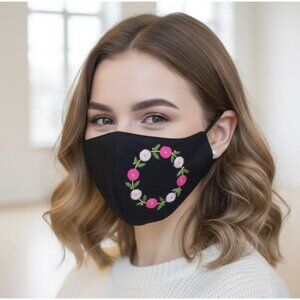 New Floral Cloth Face Mask Embroidered Flowers Reusable Breathable Fashion Black
